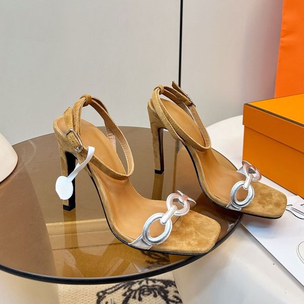 top quality Fashion Simple real Leather High heeled Sandals Ankle Strap Stiletto heels Dress Shoes womens Luxury designer heels Evening Wedding shoes Golden silver
