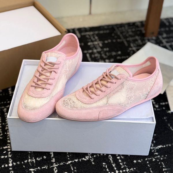 Top quality Pink Lace tennis shoes womens Classic fashion real leather mesh Lace-up Athletic sneakers Luxury designer shoes Casual Sport shoes vacation shoes