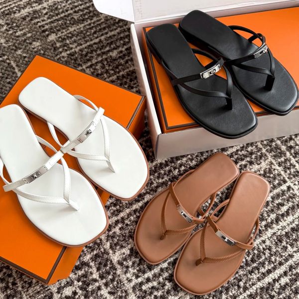 2026 New Luxury Women's Comfortable Leather Flip Flops with Silver/Gold Buckle Square Toe Flat Thong Sandals for Summer Daily & Beach Wear