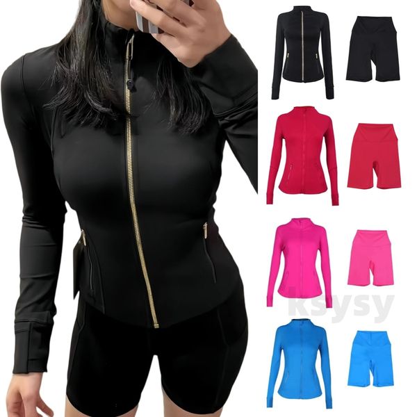 5 Start Set Women Jacket With Gold Zipper Full Length Jacket Set Quick Dry Pants Top Solid Zip Up Coat Lightweight Gym Pant Jaket Yoga set