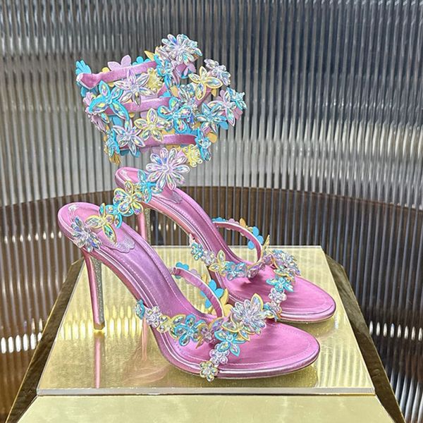 Women Champagne Floral Rhinestone High Heel Sandals Stiletto Open Toe Ankle Wrap Crystal Wedding Bridal Party Heels Crystals Embellished stiletto Heels sandals