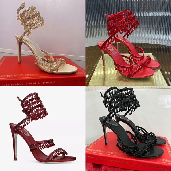 designer Crystals Embellished stiletto Heels sandals 95mm Ankle strap Wraparound women high heeled sandal rhinestone flower Evening shoes Large size 34-43