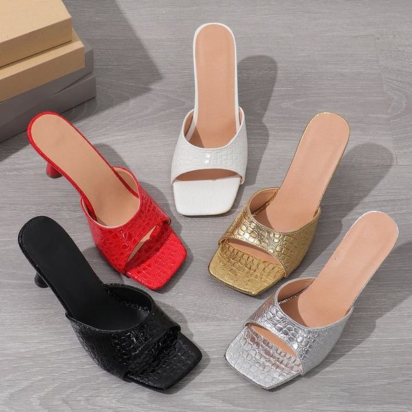 Women Crocodile Embossed Kitten Heel Mules, Square Open Toe Slip On Backless Summer Slide Sandals