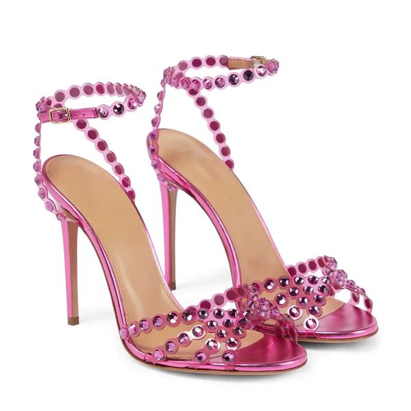 Top quality rhinestone Stiletto heel sandals clear PVC high heels crystal Ankle strap open toes High heels womens Luxury designer fashion Style heeled shoes 34-43