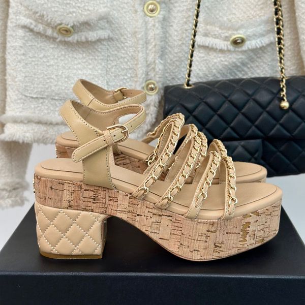 Top quality Fashion real Leather Chain Platform heel Sandals Ankle Strap Wood sole Chunky block heels Dress Shoes womens Luxury designer heels Evening Wedding shoes