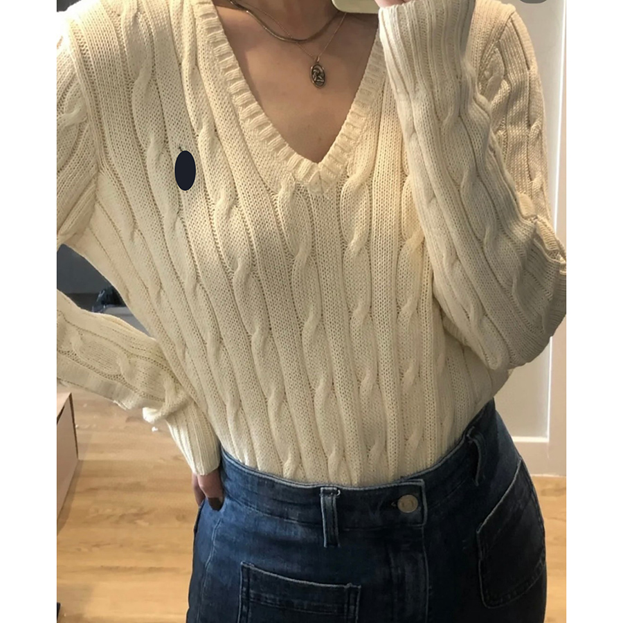 Women's Sweater Designer Sweater with Embroidery Classic Pony Retro Gray V-Neck Cable-Knit Sweater with Twisted Cable Embroidery Wool Knit Sweater Sizes S-L